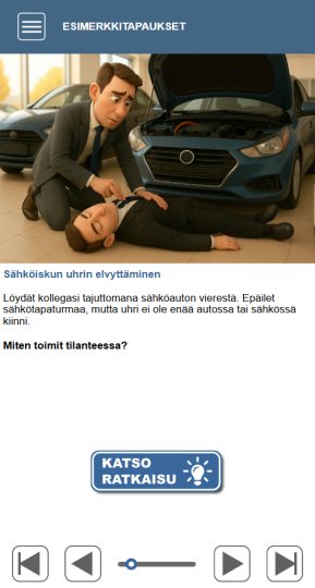 piirretty automyyjä saanut sähköiskun sähköautosta, kuvassa 2 automyyjää