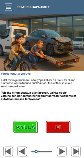 autoalan toimistotyöntekijä pyöräilee hinausauton ohi missä on kolarissa vaurioitunut sähköauto