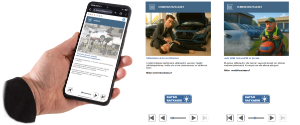 puhelin-kadessa-vasen-kuvakaappaus Puhelin kädessä,missä näkyy johdantosivu yleisestä autoalan sähköturvallisuusperehdytyksestä, ja vieressä kuvakaappauksia missä näkyy sähköiskun saanut automyyjä sekä kiinteistöhuolto työntekijä ajamassa ruohonleikkuria ja huomaa savuavan sähköauton